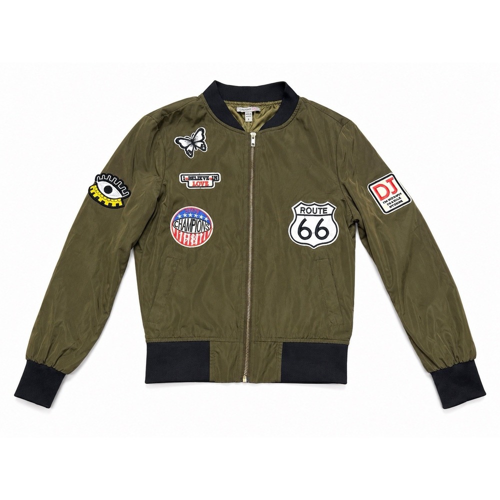 Vintage Bomber Jacket S Olive Patchwork Y2K Grunge Moto Streetwear Retro